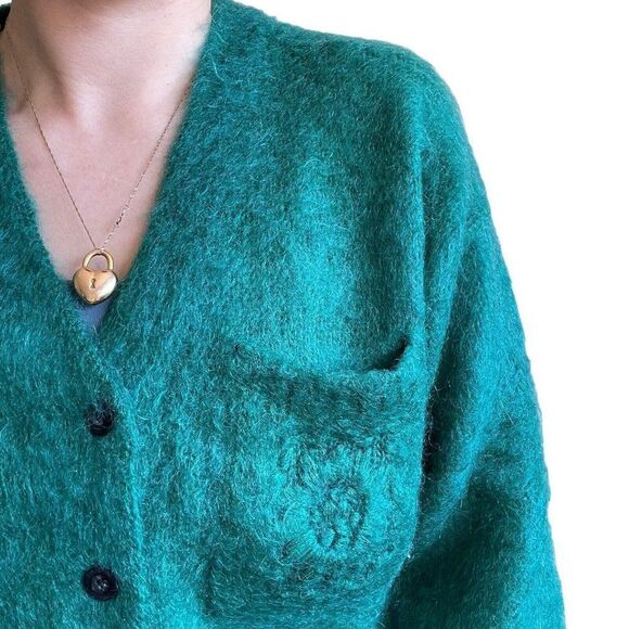 Vintage 80s Womens Esprit Emerald Green Mohair Fluffy Cropped Fuzzy Cardigan S - Picture 5 of 9